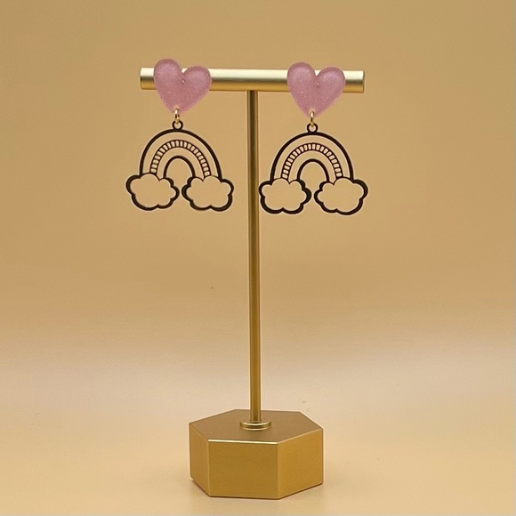 Cute Gold Cloud & Rainbow  Earrings - Pink Heart Gold Kawaii Earrings - Picture 5 of 7